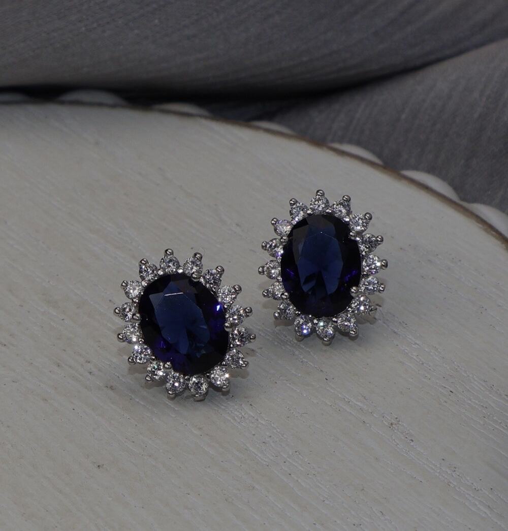 Sterling Silver Blue Stone Stud Earrings 3.40G / 0.5in